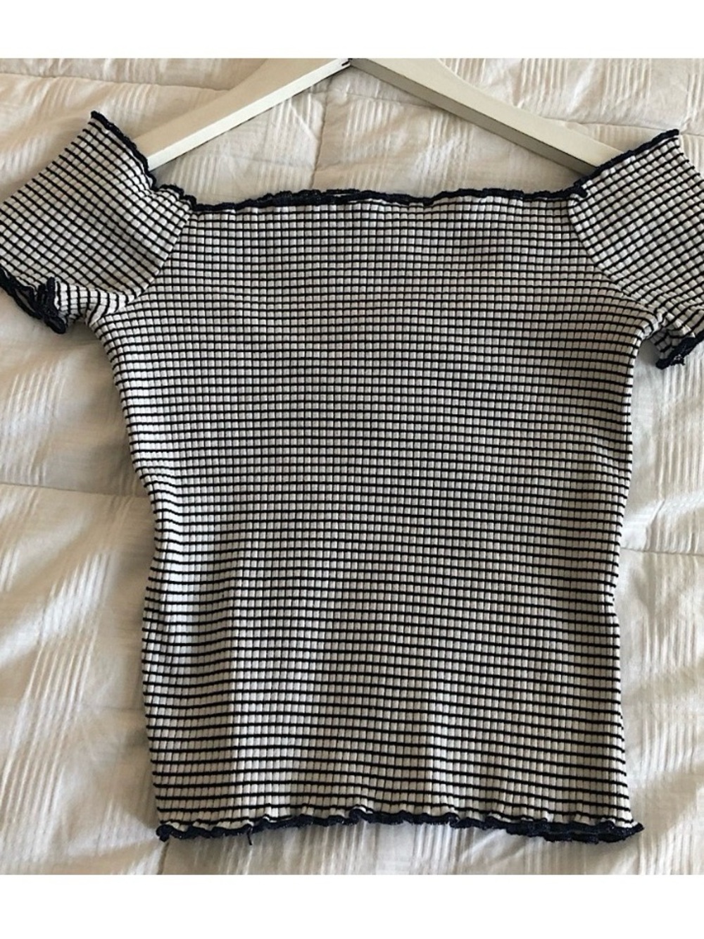 Zara Trafaluc White & Navy Striped Off-Shoulder Top